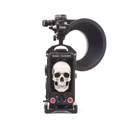 a white skull sitting inside a small case on a tripod