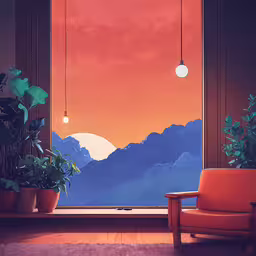 a window view of a mountain range with a bright orange sky and sun shining through,the view out a window is very colorful
