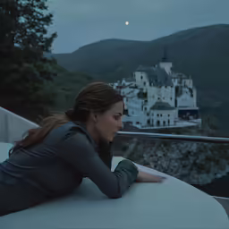 woman relaxing at the edge of the sea overlooking the castle