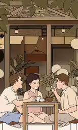 people are sitting at the table in the house with plates
