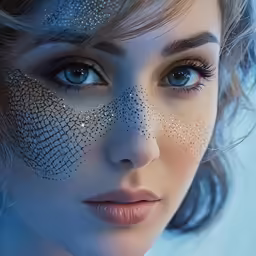 a woman with blue eyes and silver makeup