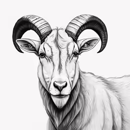 an ink drawing of a goat with big horns