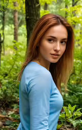 a beautiful young lady in a blue shirt looking at the camera