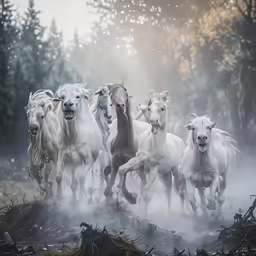 a herd of white horses running through a foggy forest