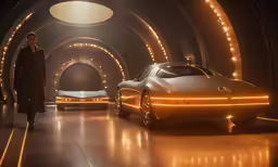 the woman in a long black coat is next to a car