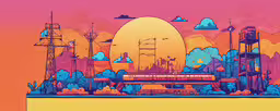 an artwork scene showing an orange and pink sky,a painting of a train riding over a bridge