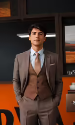the man is wearing a brown suit and a striped tie