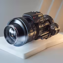a large lens mounted on top of a white surface