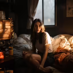 a woman sitting on a bed near a night stand