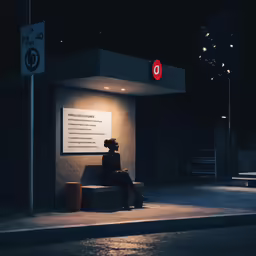 a man sits on the bench next to the lit up sign