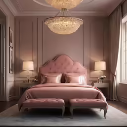 a beautiful pink bed is surrounded by two crystal chandeliers