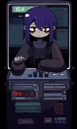 an anime character with blue hair standing in front of sound equipment