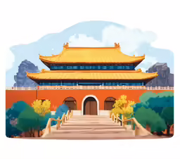 a painting of a large chinese building with trees