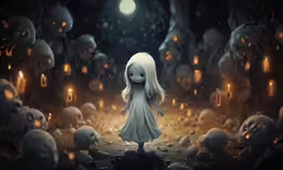 a little girl standing in the middle of an area full of skulls