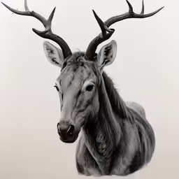 a large black and white photo of an animal with antlers