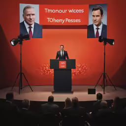 a man is standing at a podium speaking into microphones