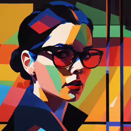 an image of woman with glasses, standing in front of an abstract background,a painting of a woman wearing glasses with a multicolored background