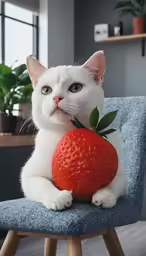 a cat holds a big strawberry and looks directly into the camera