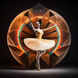 the ballerina posing next to the huge paper sculpture
