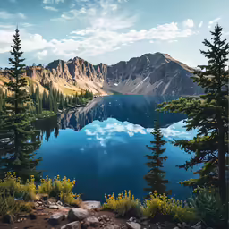 trees and rocks surrounding a body of water in a wilderness