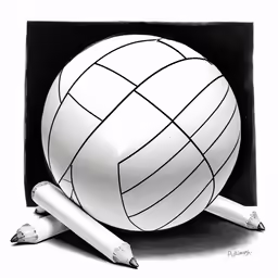 a drawing of a ball and pencils on a table