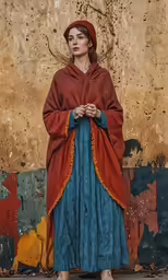 a young woman wearing a red and blue dress standing