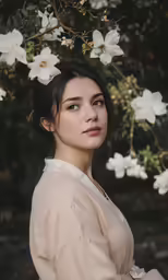 a woman with brown hair and white flowers in her hair