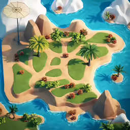 an aerial view of a tropical beach with white umbrellas