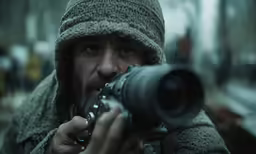 man holding a camera up to the camera lens