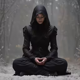 a woman sitting on a bed with a hood up in a black outfit, praying
