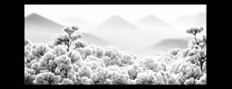 an empty picture frame with black and white trees