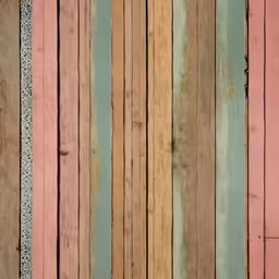 a wood planked wall is painted different shades of pink,wooden planks with green paint and red one in between them
