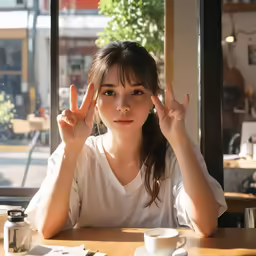 a woman holding her fingers up at a table