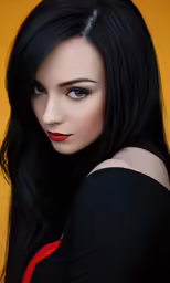 a beautiful young woman wearing red lipstick on a yellow background