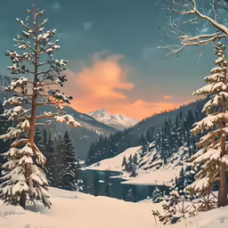 a scenic landscape is shown with pine trees covered in snow