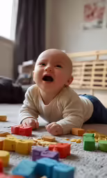 a baby lays on its back on the floor playing with blocks