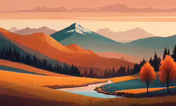 the painting shows a beautiful landscape with trees,this is a painting with mountains, lake and trees in the middle