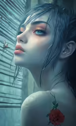 woman with blue eyes and tattoos looking out the window