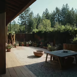 a wooden deck near some plants, a table and a picnic table