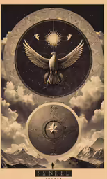an art work with a bird on the bottom and two stars above them