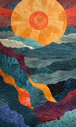 a colorful pattern with waves and a sun