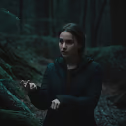 a woman standing in the forest holding out her hand
