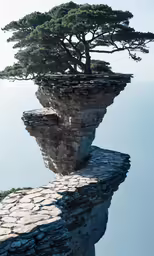 a tree is growing in a cliff overlooking the ocean