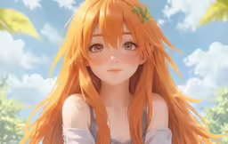 a pretty young lady with long orange hair looking into the camera