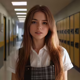 a girl with long hair in front of lockers