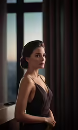 a woman is standing in a room posing for a photo