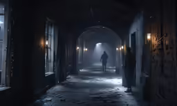 two people walking along a dark corridor at night