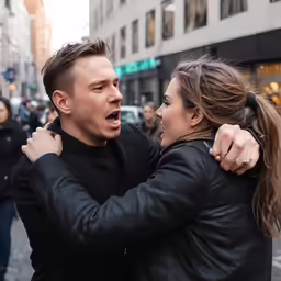 a woman hugging a man on a city street