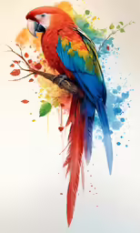 a parrot is sitting on a branch with a paint splattered background