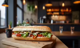 a sandwich with meat and tomatoes sits on a cutting board